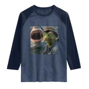 Unbothered Frog Smoking Cigarette Meme Raglan Shirt Cinematic Shark Attack Calmness Graphic Dark Humor