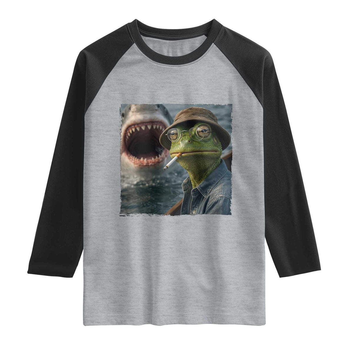 Unbothered Frog Smoking Cigarette Meme Raglan Shirt Cinematic Shark Attack Calmness Graphic Dark Humor