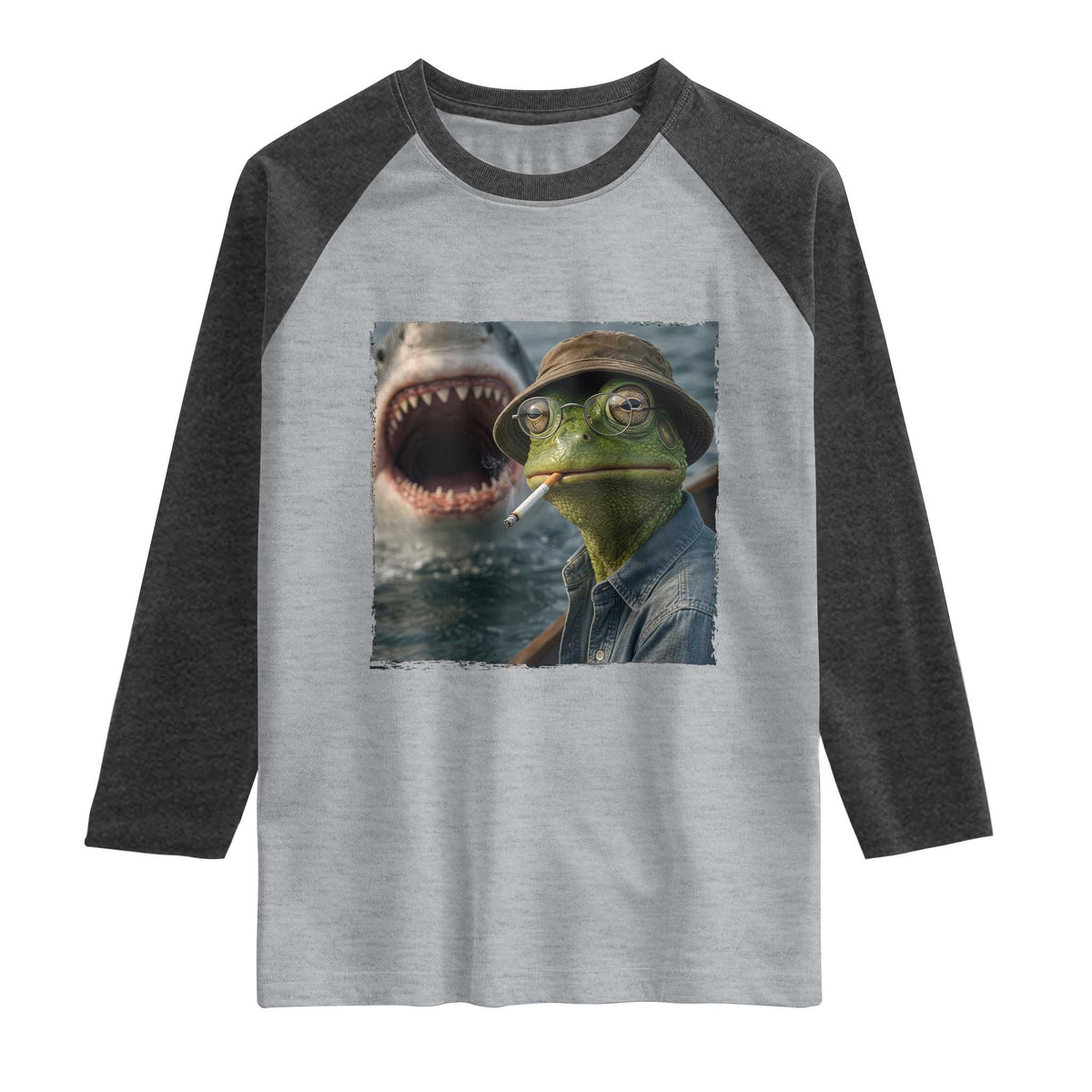 Unbothered Frog Smoking Cigarette Meme Raglan Shirt Cinematic Shark Attack Calmness Graphic Dark Humor