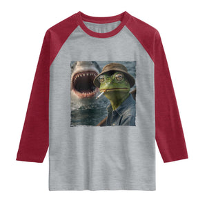 Unbothered Frog Smoking Cigarette Meme Raglan Shirt Cinematic Shark Attack Calmness Graphic Dark Humor