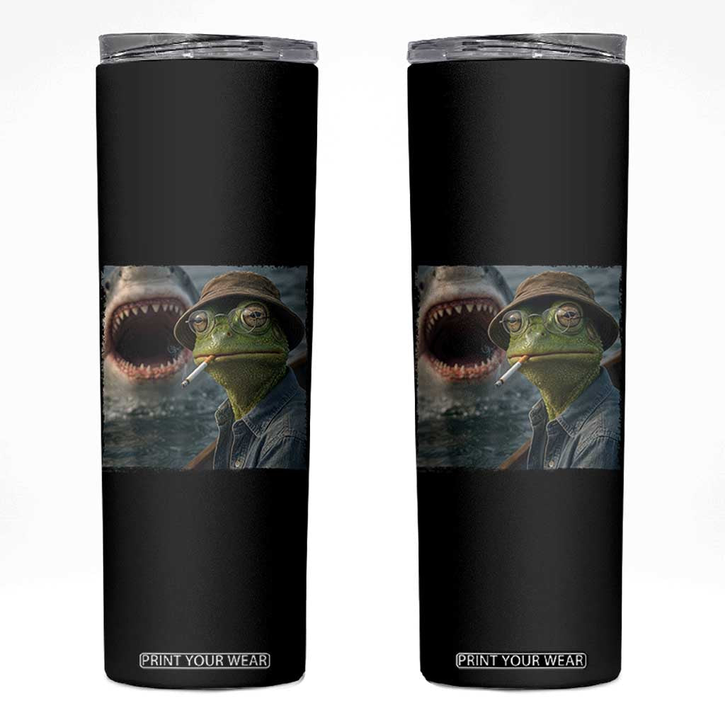 Unbothered Frog Smoking Cigarette Meme Skinny Tumbler Cinematic Shark Attack Calmness Graphic Dark Humor TS02 Black Print Your Wear