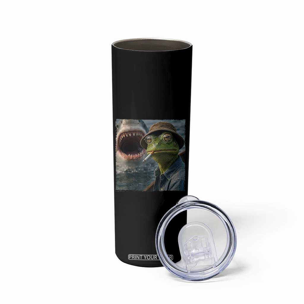 Unbothered Frog Smoking Cigarette Meme Skinny Tumbler Cinematic Shark Attack Calmness Graphic Dark Humor