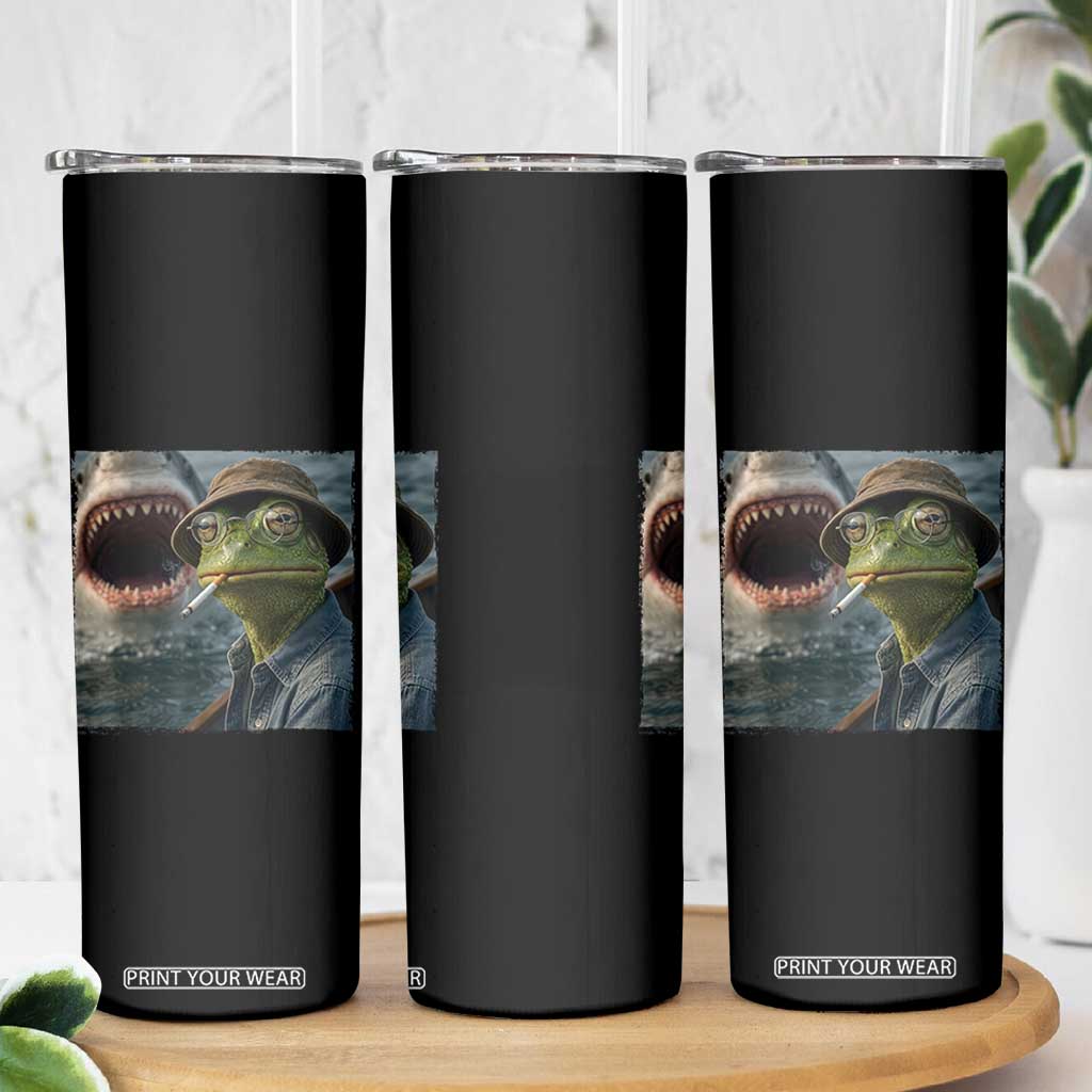 Unbothered Frog Smoking Cigarette Meme Skinny Tumbler Cinematic Shark Attack Calmness Graphic Dark Humor
