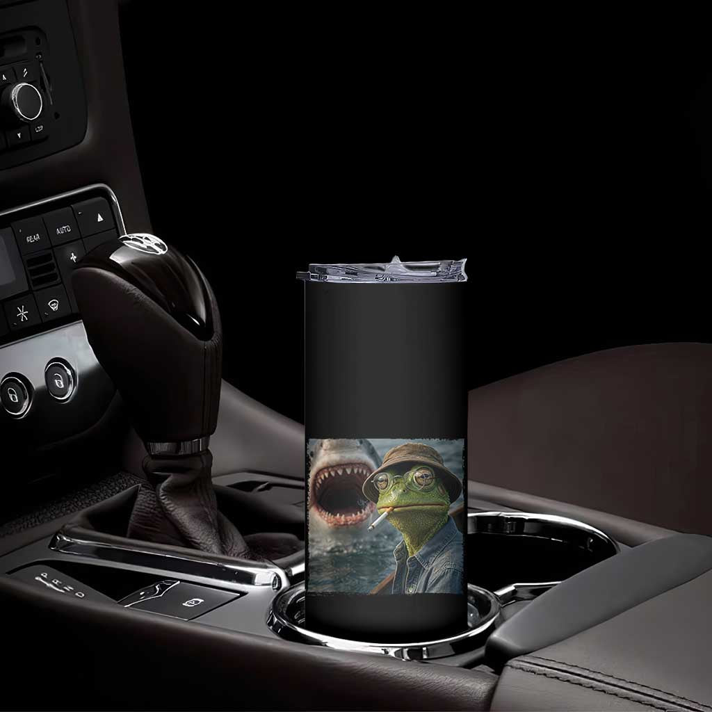 Unbothered Frog Smoking Cigarette Meme Skinny Tumbler Cinematic Shark Attack Calmness Graphic Dark Humor