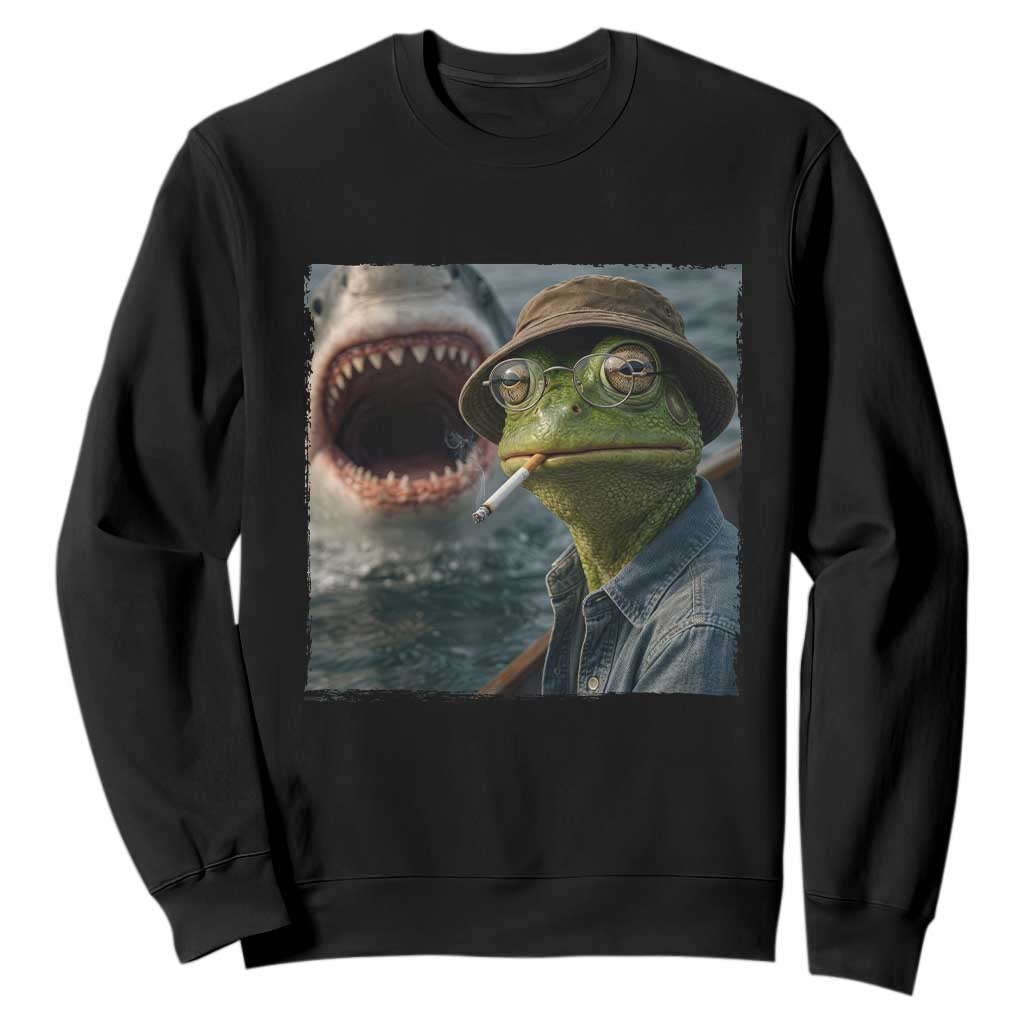 Unbothered Frog Smoking Cigarette Meme Sweatshirt Cinematic Shark Attack Calmness Graphic Dark Humor TS02 Black Print Your Wear