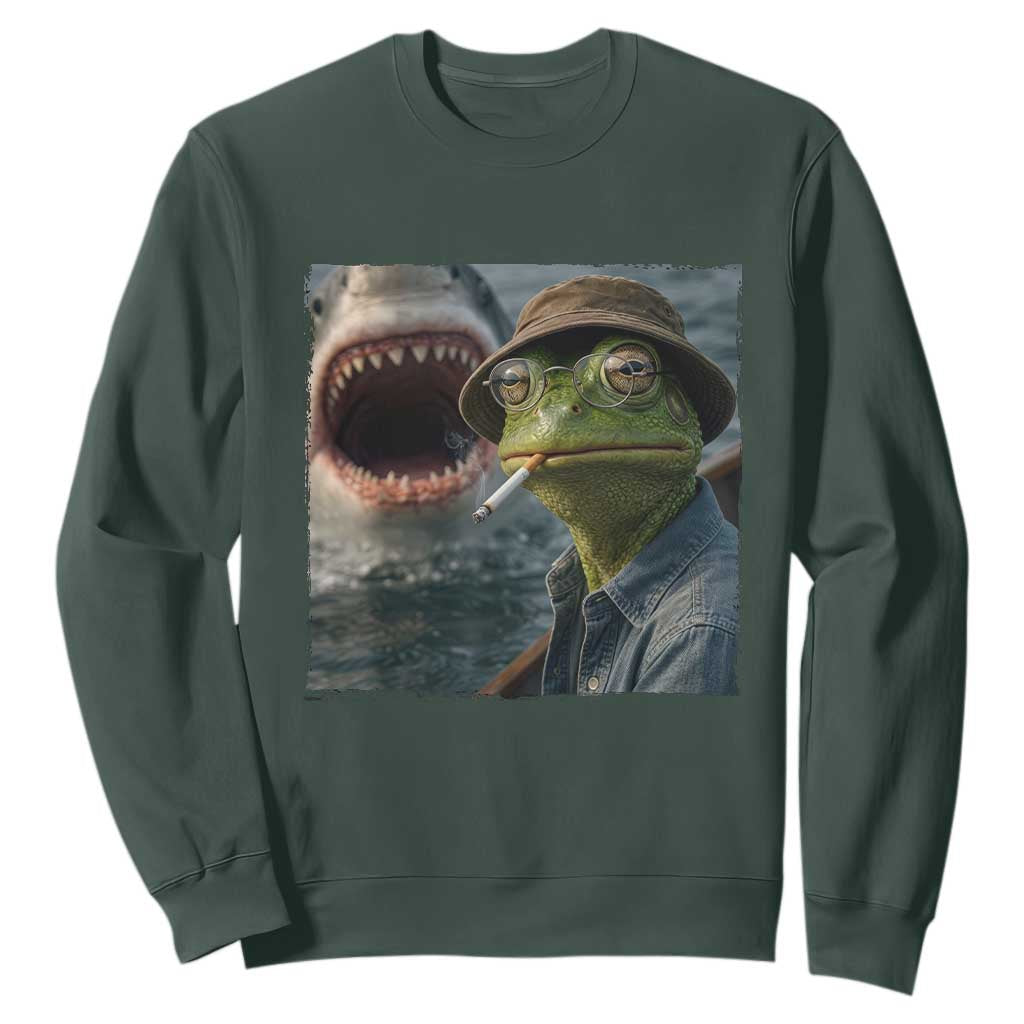 Unbothered Frog Smoking Cigarette Meme Sweatshirt Cinematic Shark Attack Calmness Graphic Dark Humor