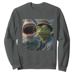 Unbothered Frog Smoking Cigarette Meme Sweatshirt Cinematic Shark Attack Calmness Graphic Dark Humor