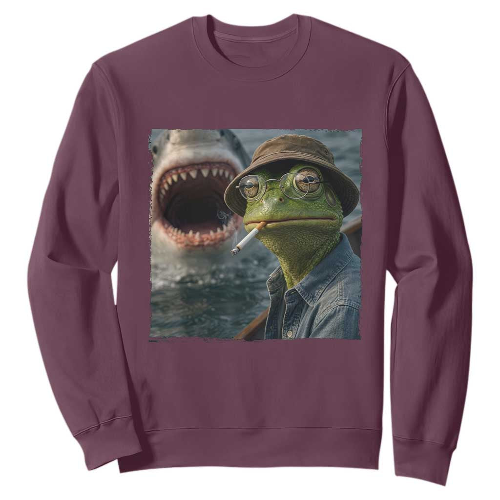 Unbothered Frog Smoking Cigarette Meme Sweatshirt Cinematic Shark Attack Calmness Graphic Dark Humor