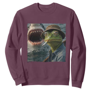 Unbothered Frog Smoking Cigarette Meme Sweatshirt Cinematic Shark Attack Calmness Graphic Dark Humor