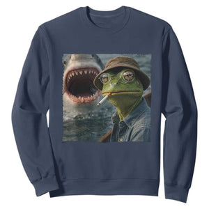 Unbothered Frog Smoking Cigarette Meme Sweatshirt Cinematic Shark Attack Calmness Graphic Dark Humor