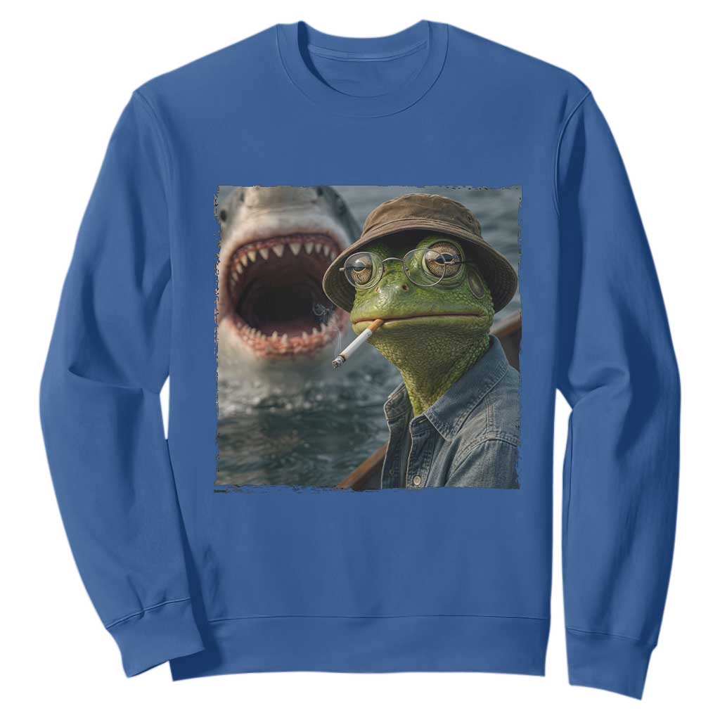 Unbothered Frog Smoking Cigarette Meme Sweatshirt Cinematic Shark Attack Calmness Graphic Dark Humor