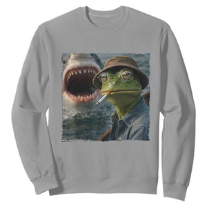 Unbothered Frog Smoking Cigarette Meme Sweatshirt Cinematic Shark Attack Calmness Graphic Dark Humor