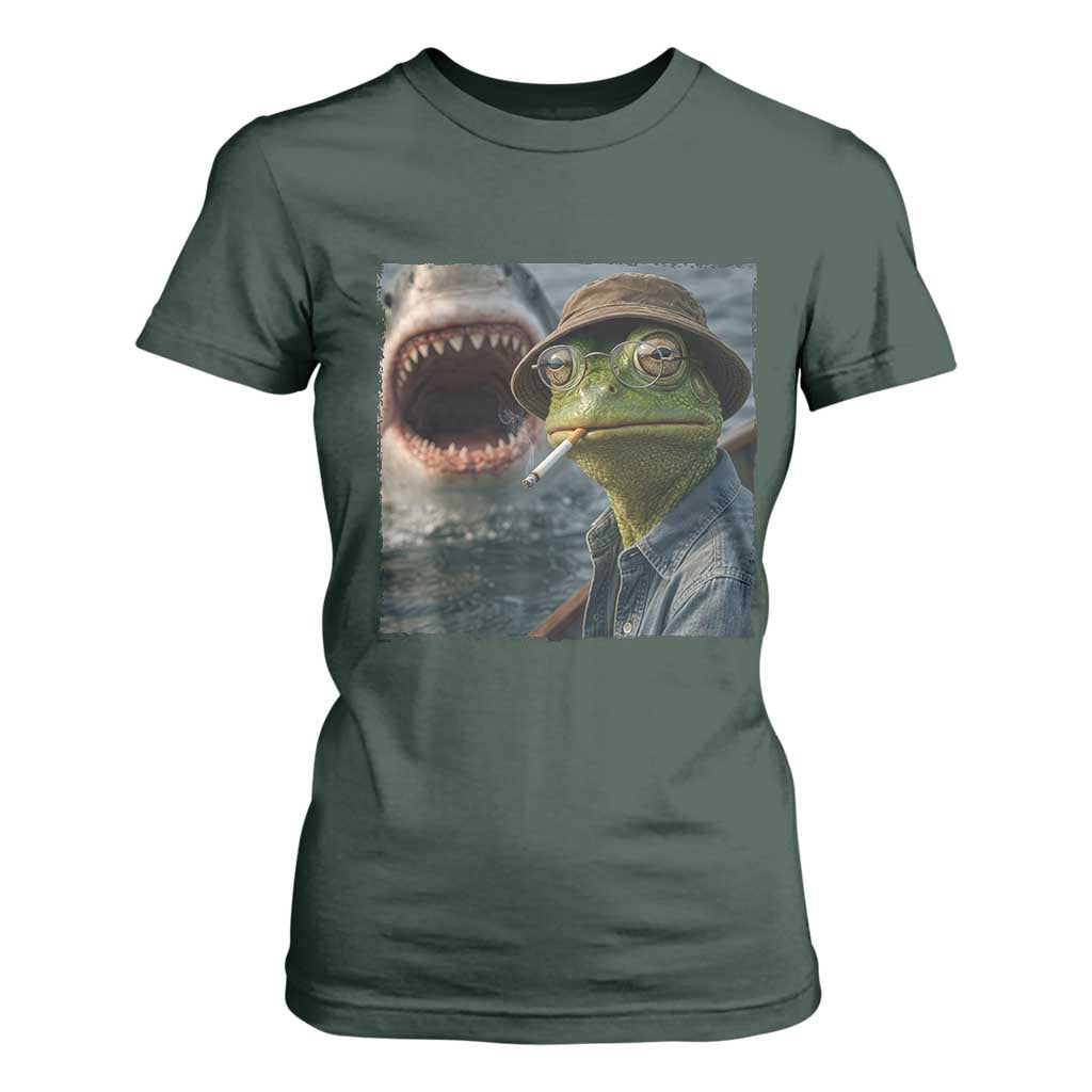 Unbothered Frog Smoking Cigarette Meme T Shirt For Women Cinematic Shark Attack Calmness Graphic Dark Humor