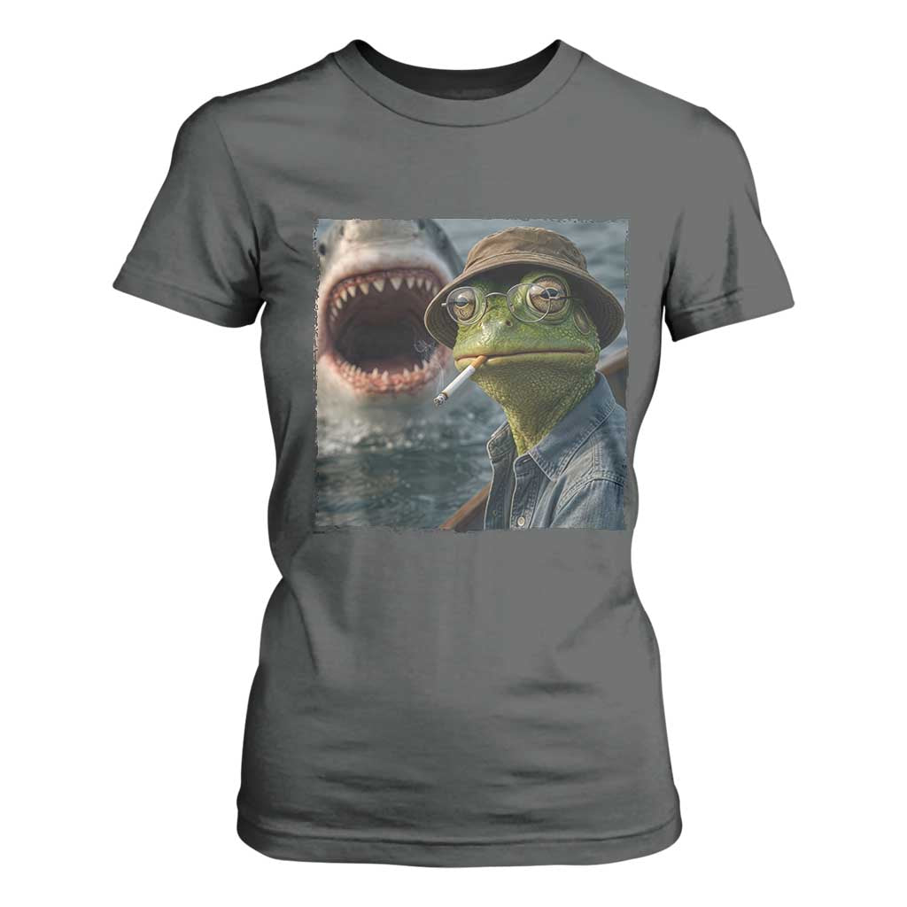 Unbothered Frog Smoking Cigarette Meme T Shirt For Women Cinematic Shark Attack Calmness Graphic Dark Humor