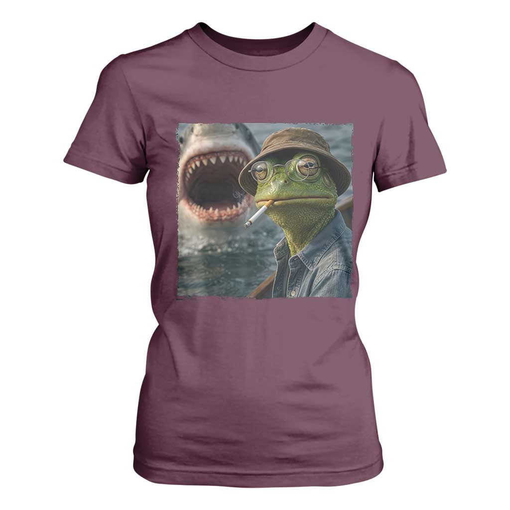 Unbothered Frog Smoking Cigarette Meme T Shirt For Women Cinematic Shark Attack Calmness Graphic Dark Humor