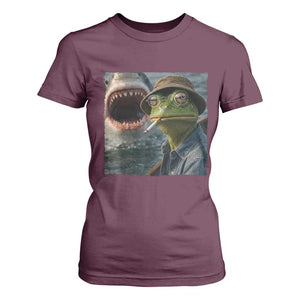 Unbothered Frog Smoking Cigarette Meme T Shirt For Women Cinematic Shark Attack Calmness Graphic Dark Humor