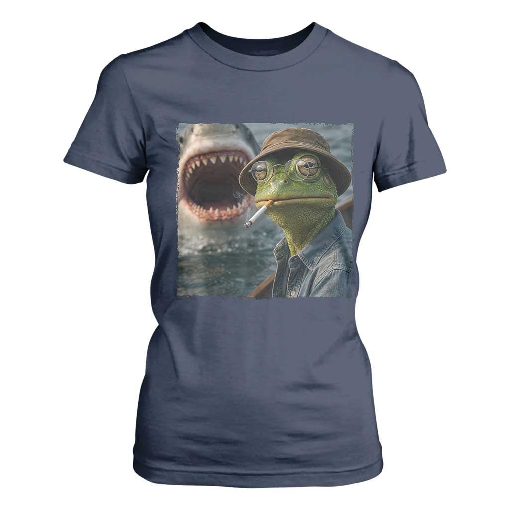 Unbothered Frog Smoking Cigarette Meme T Shirt For Women Cinematic Shark Attack Calmness Graphic Dark Humor