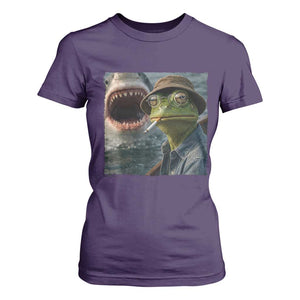 Unbothered Frog Smoking Cigarette Meme T Shirt For Women Cinematic Shark Attack Calmness Graphic Dark Humor