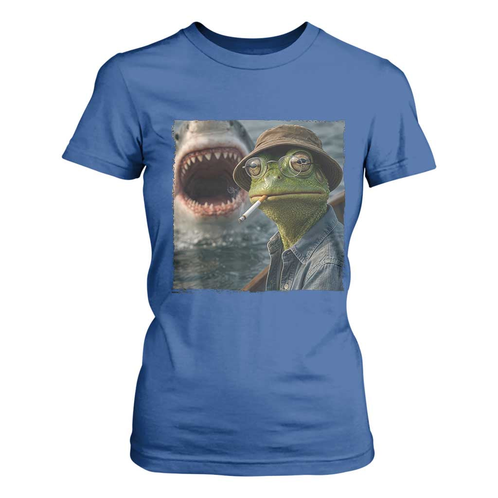 Unbothered Frog Smoking Cigarette Meme T Shirt For Women Cinematic Shark Attack Calmness Graphic Dark Humor
