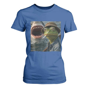 Unbothered Frog Smoking Cigarette Meme T Shirt For Women Cinematic Shark Attack Calmness Graphic Dark Humor