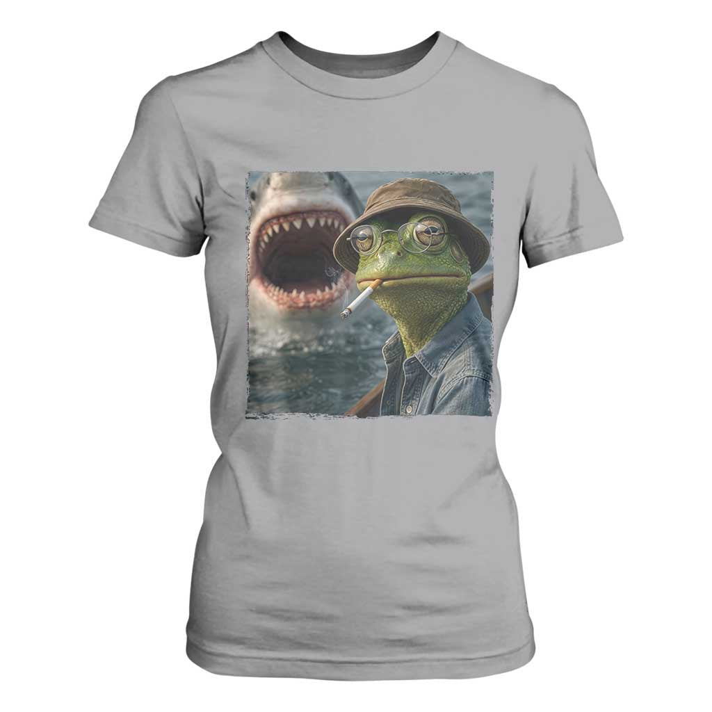 Unbothered Frog Smoking Cigarette Meme T Shirt For Women Cinematic Shark Attack Calmness Graphic Dark Humor