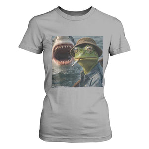 Unbothered Frog Smoking Cigarette Meme T Shirt For Women Cinematic Shark Attack Calmness Graphic Dark Humor