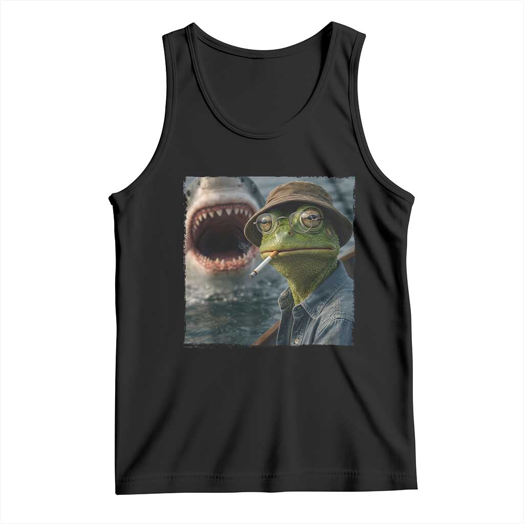 Unbothered Frog Smoking Cigarette Meme Tank Top Cinematic Shark Attack Calmness Graphic Dark Humor TS02 Black Print Your Wear