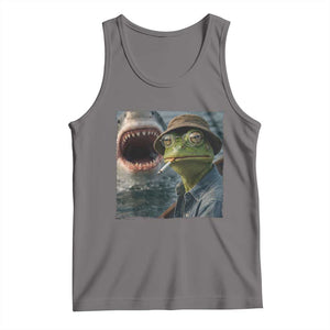 Unbothered Frog Smoking Cigarette Meme Tank Top Cinematic Shark Attack Calmness Graphic Dark Humor