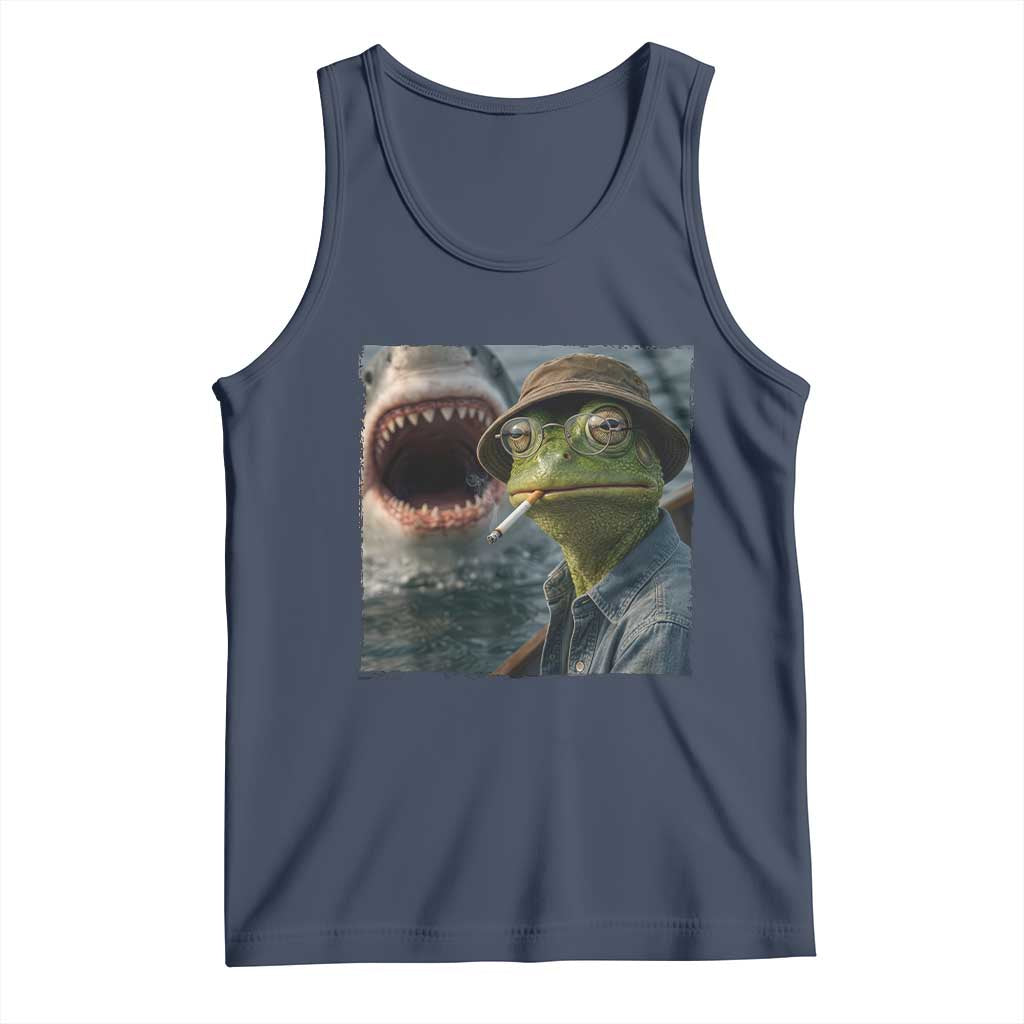 Unbothered Frog Smoking Cigarette Meme Tank Top Cinematic Shark Attack Calmness Graphic Dark Humor