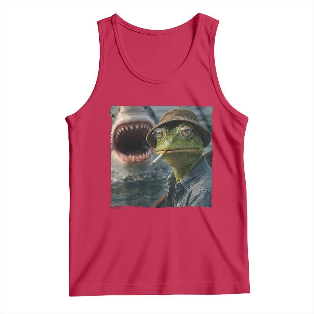 Unbothered Frog Smoking Cigarette Meme Tank Top Cinematic Shark Attack Calmness Graphic Dark Humor