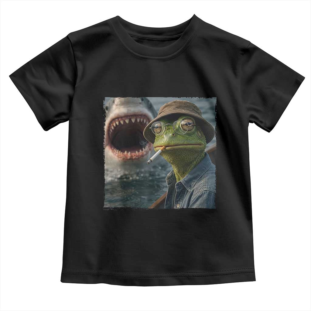 Unbothered Frog Smoking Cigarette Meme Toddler T Shirt Cinematic Shark Attack Calmness Graphic Dark Humor TS02 Black Print Your Wear