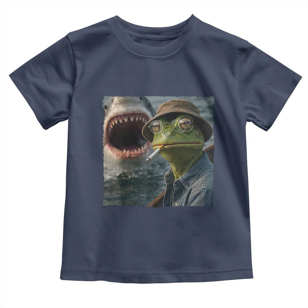 Unbothered Frog Smoking Cigarette Meme Toddler T Shirt Cinematic Shark Attack Calmness Graphic Dark Humor