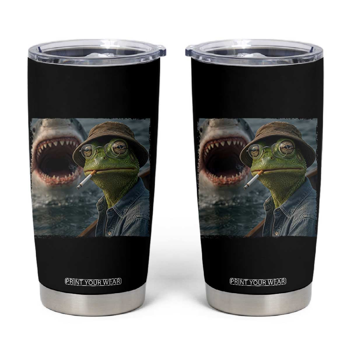 Unbothered Frog Smoking Cigarette Meme Tumbler Cup Cinematic Shark Attack Calmness Graphic Dark Humor TS02 Black Print Your Wear
