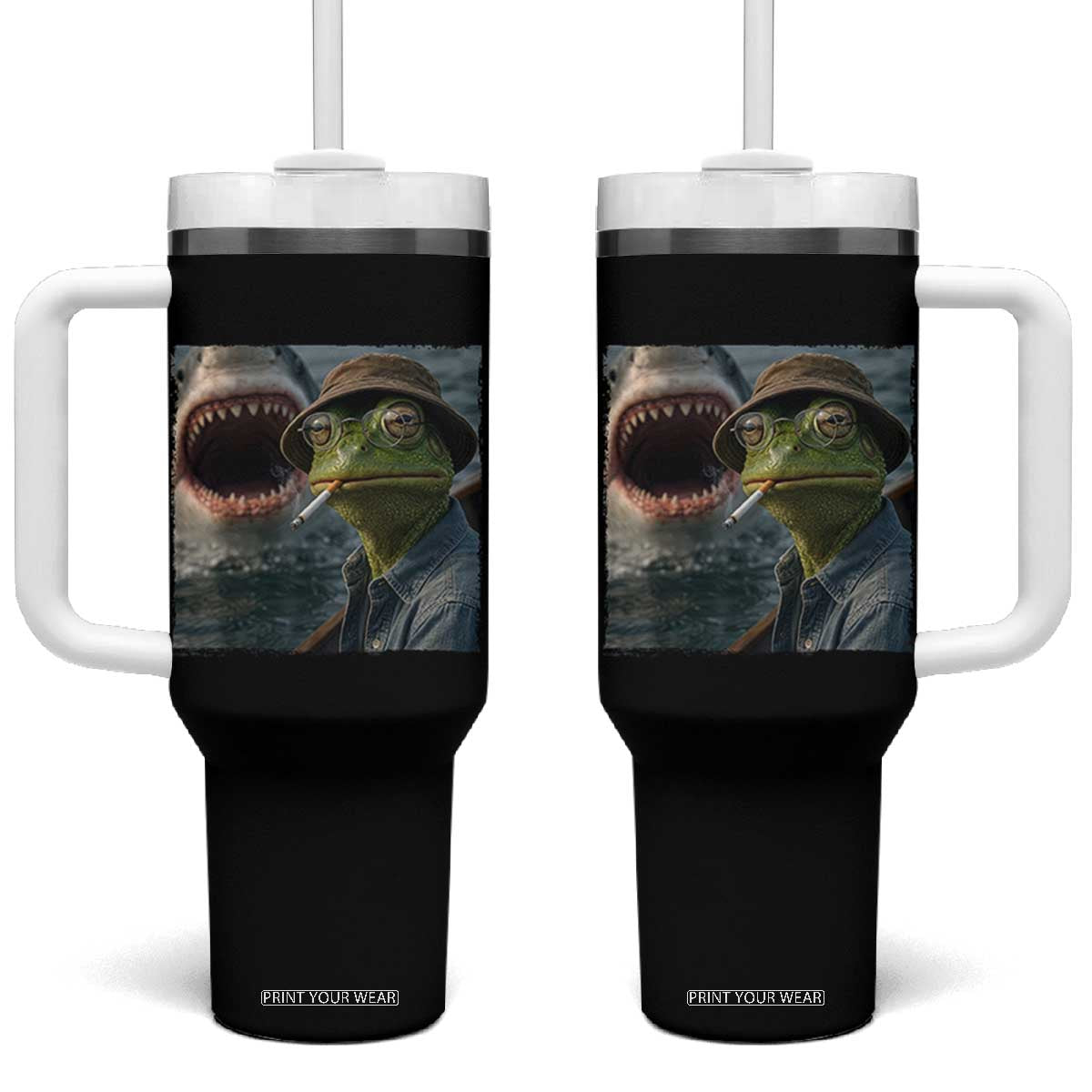 Unbothered Frog Smoking Cigarette Meme Tumbler With Handle Cinematic Shark Attack Calmness Graphic Dark Humor TS02 One Size: 40 oz Black Print Your Wear