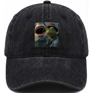 Unbothered Frog Smoking Cigarette Meme Washed Cotton Baseball Cap Cinematic Shark Attack Calmness Graphic Dark Humor