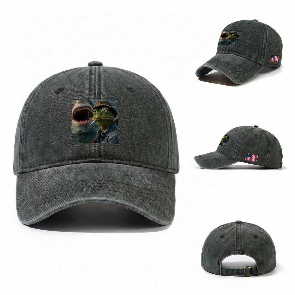 Unbothered Frog Smoking Cigarette Meme Washed Cotton Baseball Cap Cinematic Shark Attack Calmness Graphic Dark Humor