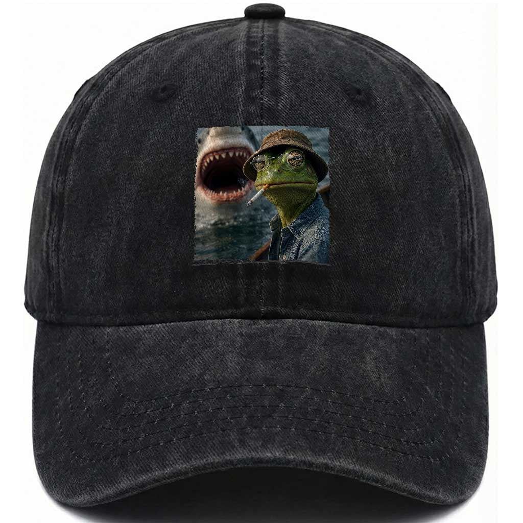 Unbothered Frog Smoking Cigarette Meme Washed Cotton Baseball Cap Cinematic Shark Attack Calmness Graphic Dark Humor TS02 Print Your Wear