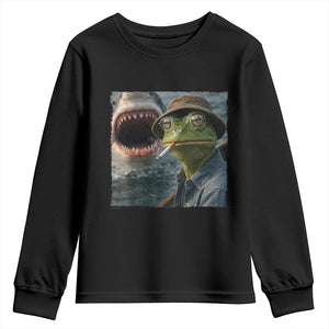 Unbothered Frog Smoking Cigarette Meme Youth Sweatshirt Cinematic Shark Attack Calmness Graphic Dark Humor