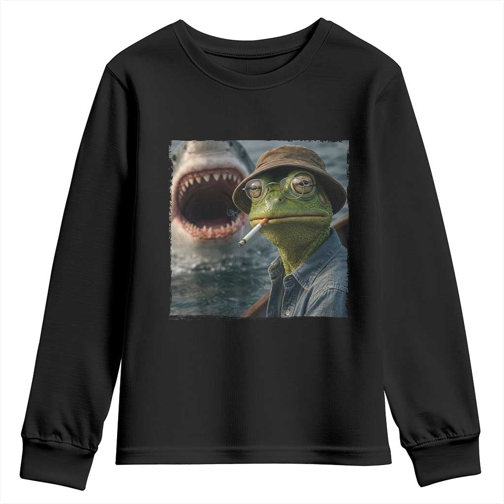 Unbothered Frog Smoking Cigarette Meme Youth Sweatshirt Cinematic Shark Attack Calmness Graphic Dark Humor TS02 Black Print Your Wear