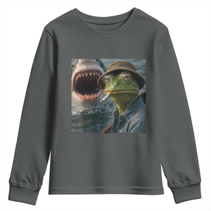 Unbothered Frog Smoking Cigarette Meme Youth Sweatshirt Cinematic Shark Attack Calmness Graphic Dark Humor