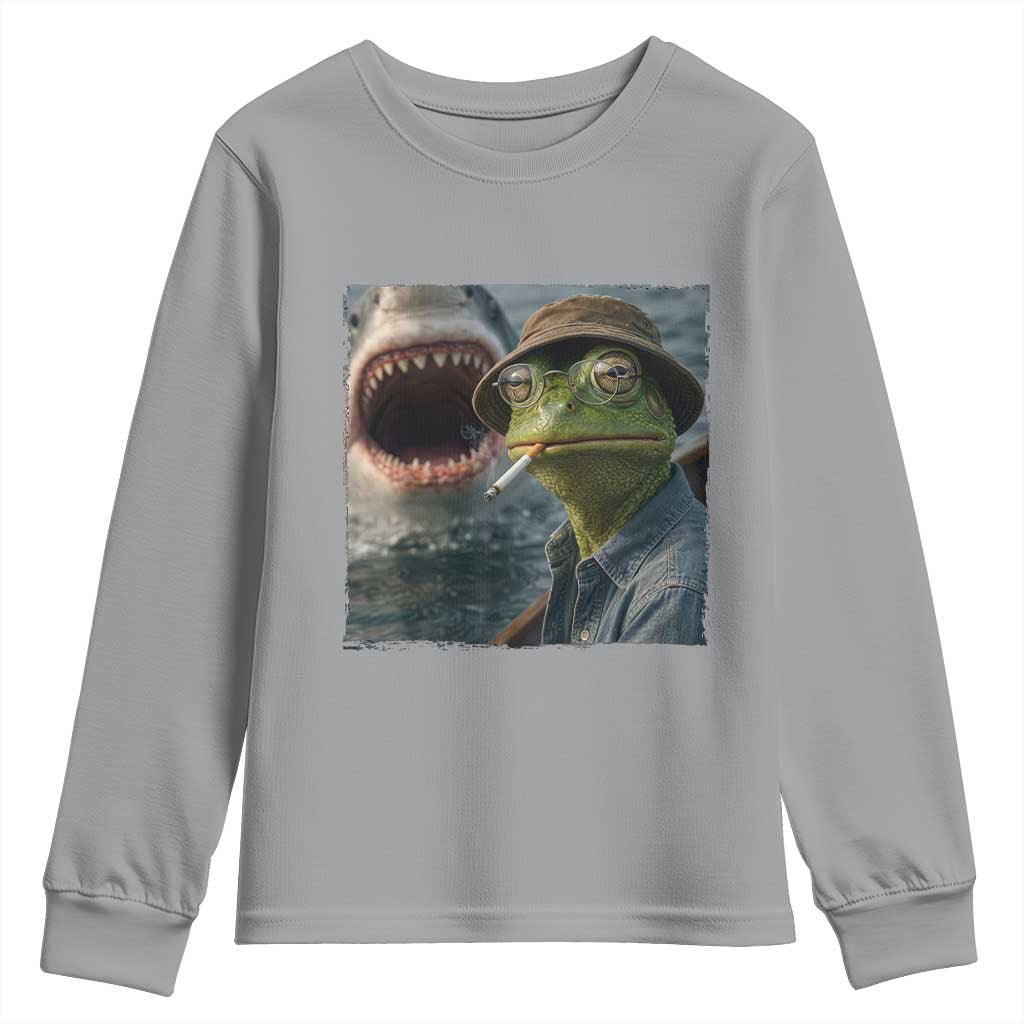 Unbothered Frog Smoking Cigarette Meme Youth Sweatshirt Cinematic Shark Attack Calmness Graphic Dark Humor