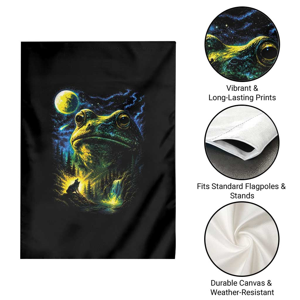 Cosmic Frog Howling At Moon Parody Graphic Garden Flag Vintage 90s Retro Fantasy Meme