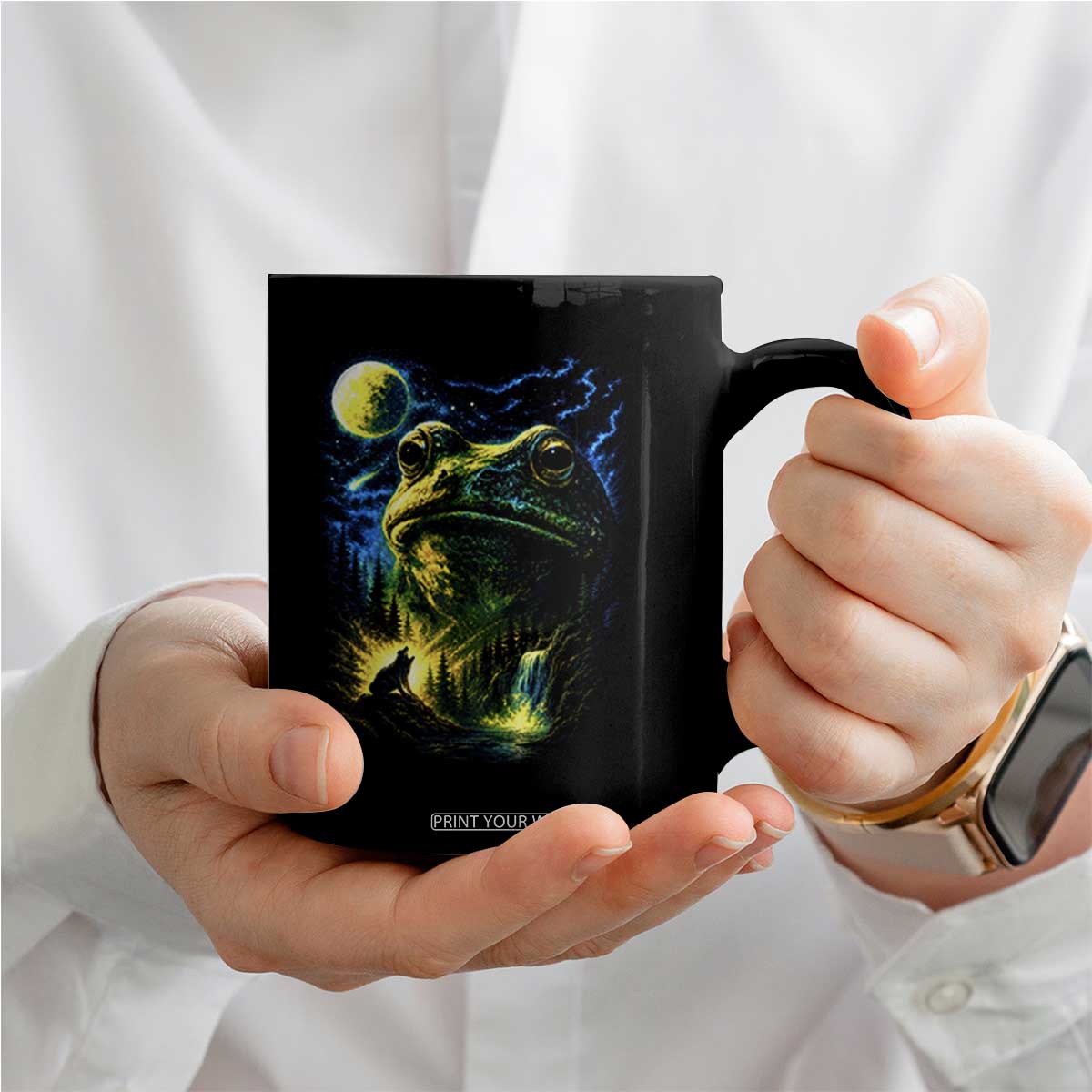 Cosmic Frog Howling At Moon Parody Graphic Coffee Mug Vintage 90s Retro Fantasy Meme