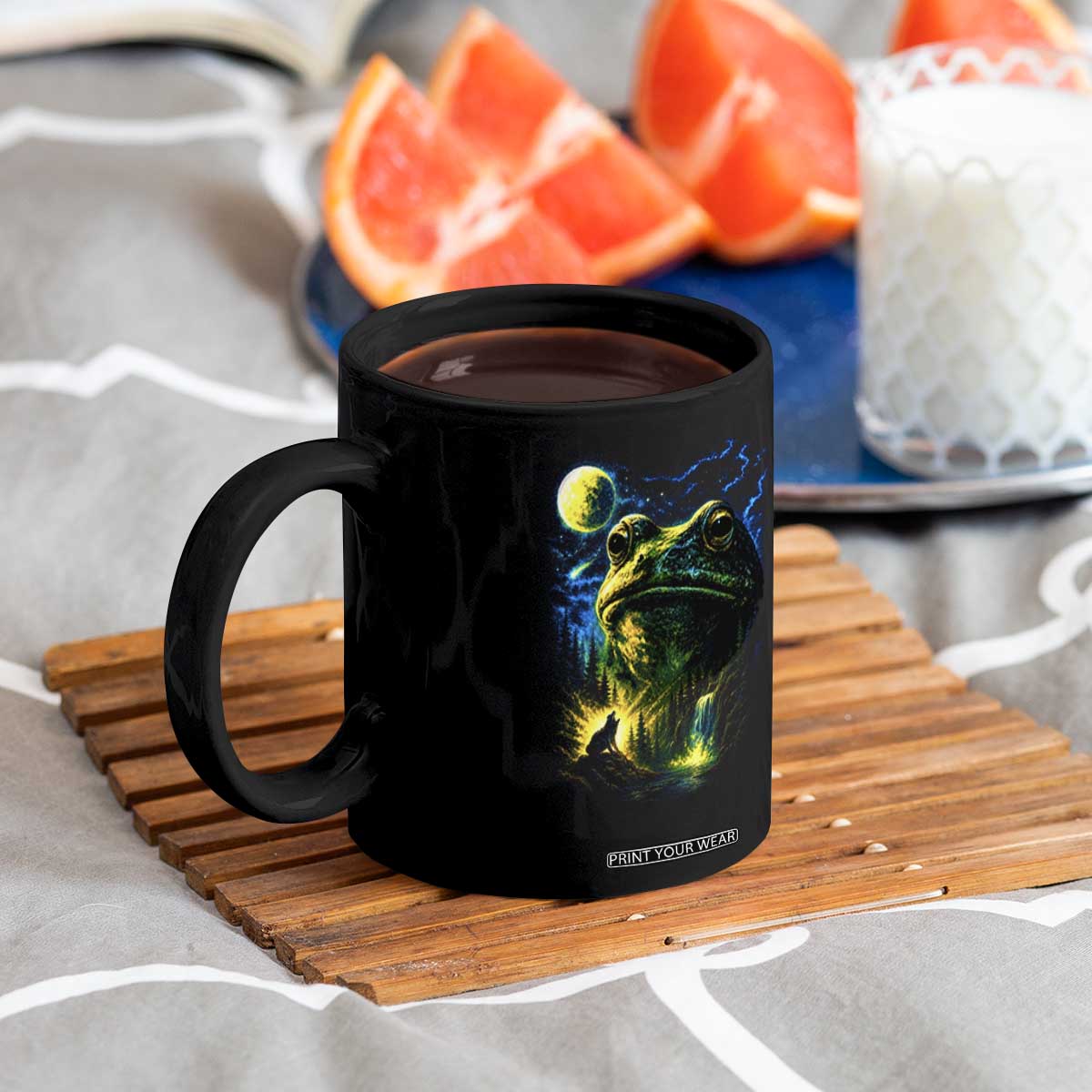 Cosmic Frog Howling At Moon Parody Graphic Coffee Mug Vintage 90s Retro Fantasy Meme