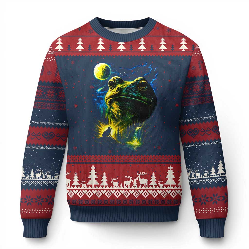 Cosmic Frog Howling At Moon Parody Graphic Ugly Christmas Sweater Vintage 90s Retro Fantasy Meme TS02 Navy Red Print Your Wear