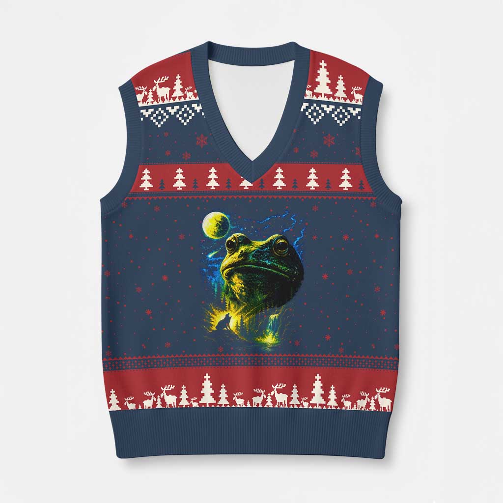 Cosmic Frog Howling At Moon Parody Graphic V-Neck Knit Sweater Vest Vintage 90s Retro Fantasy Meme TS02 Navy Red Print Your Wear