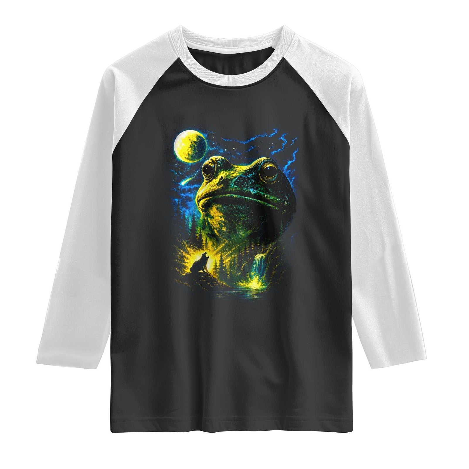 Cosmic Frog Howling At Moon Parody Graphic Raglan Shirt Vintage 90s Retro Fantasy Meme TS02 Black White Print Your Wear