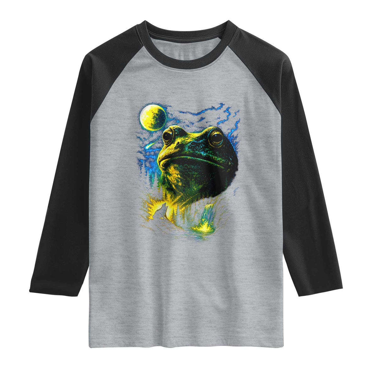 Cosmic Frog Howling At Moon Parody Graphic Raglan Shirt Vintage 90s Retro Fantasy Meme