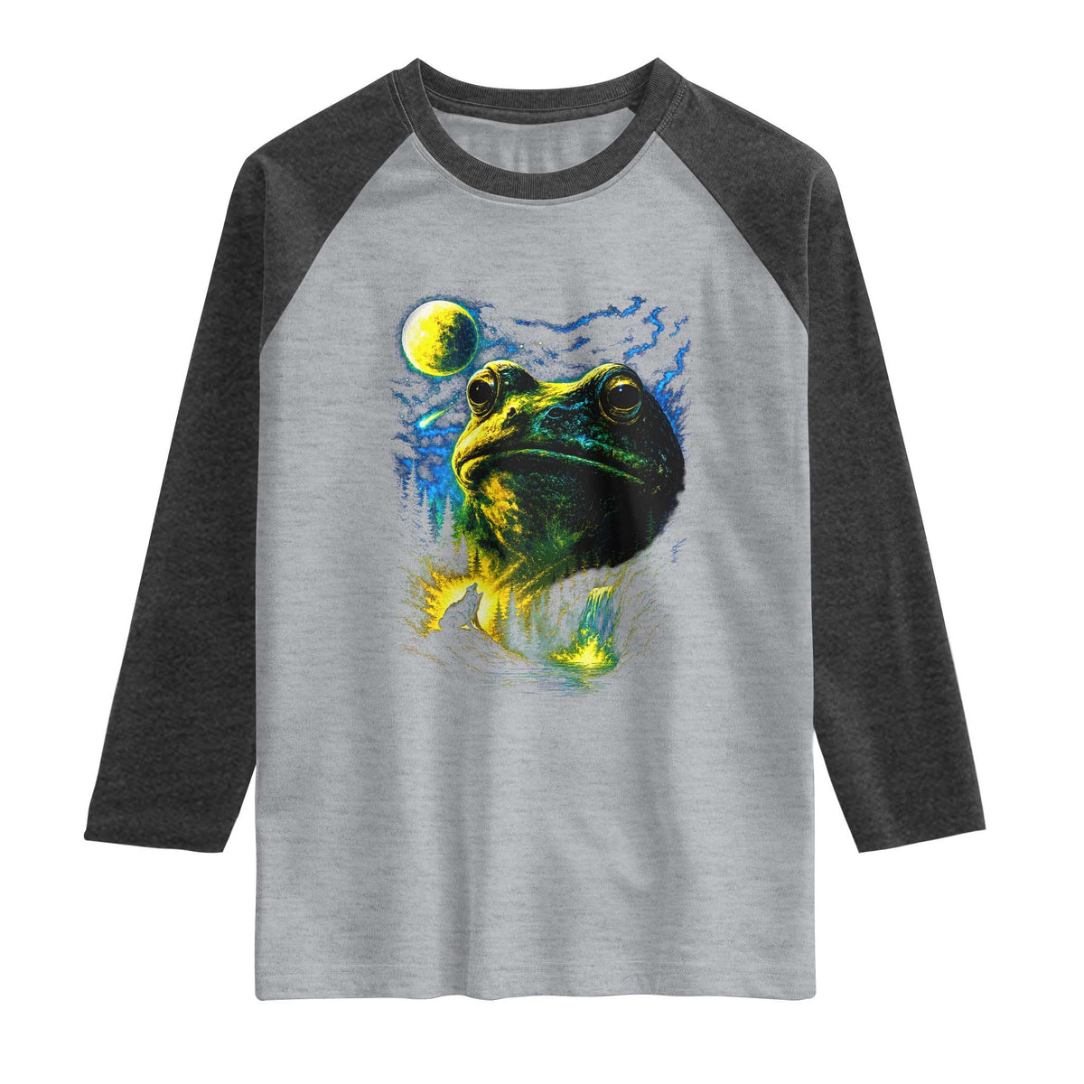 Cosmic Frog Howling At Moon Parody Graphic Raglan Shirt Vintage 90s Retro Fantasy Meme