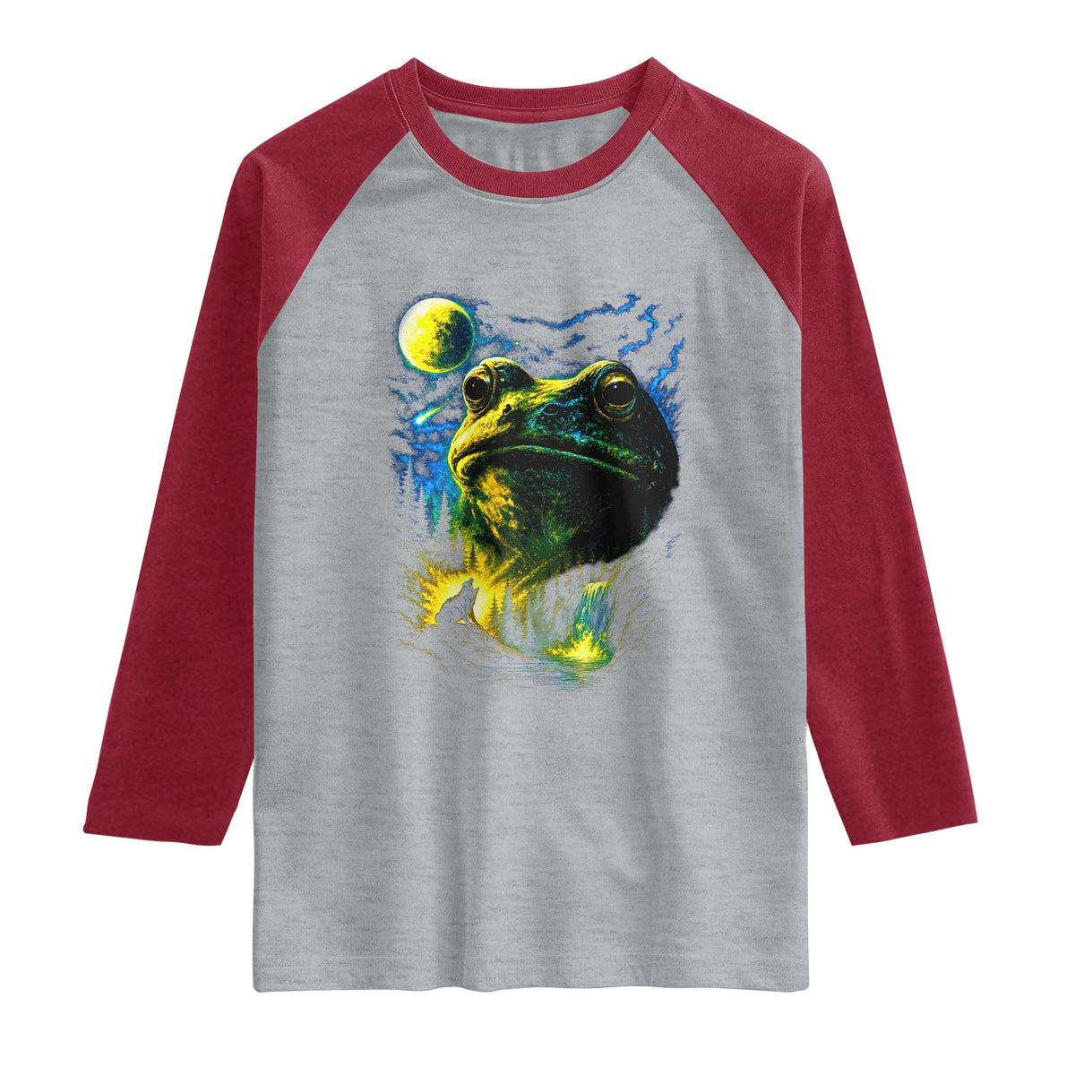 Cosmic Frog Howling At Moon Parody Graphic Raglan Shirt Vintage 90s Retro Fantasy Meme